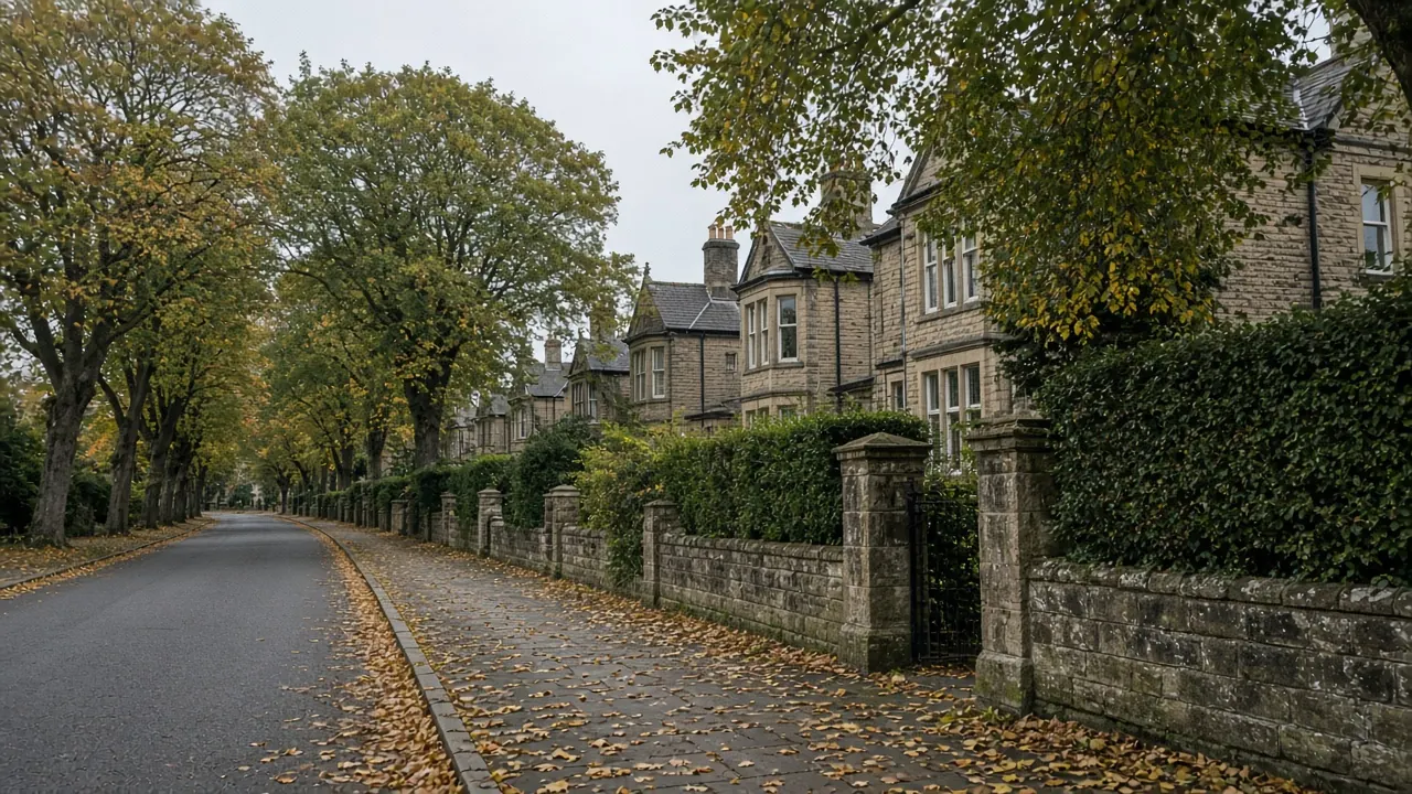 Example image: a tree-lined road of stone villas