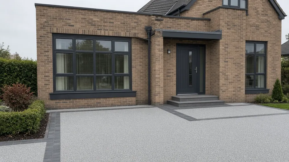 Example image: a silver-grey resin driveway with a dark border