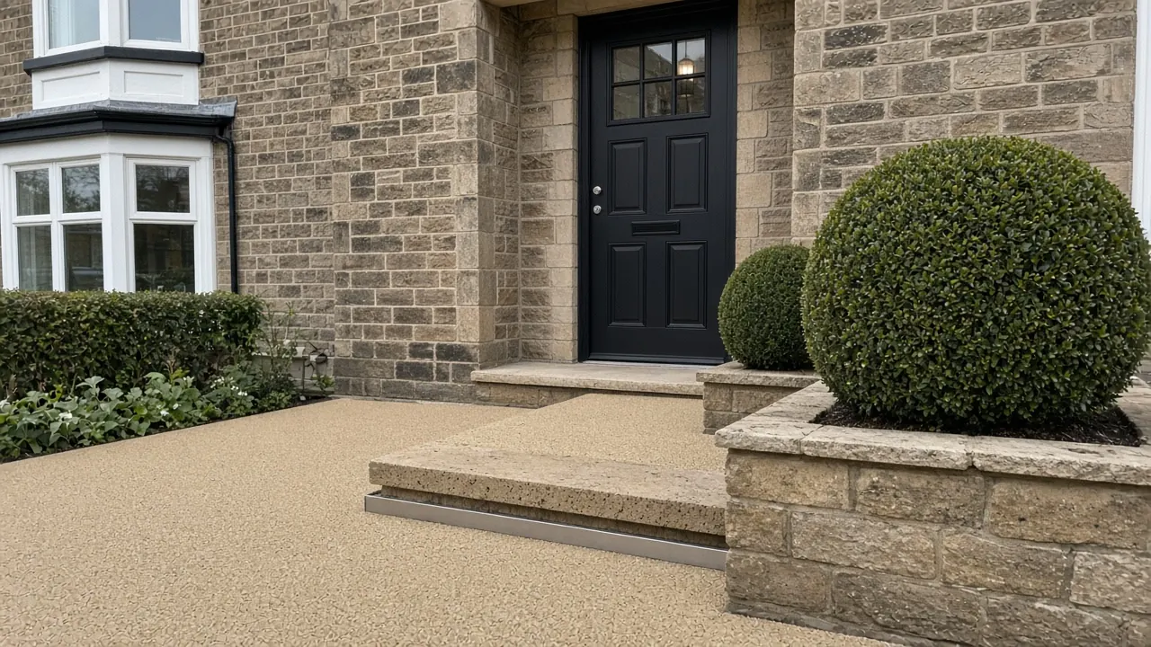 Example image: a buff resin-bound driveway at the front step of a stone house
